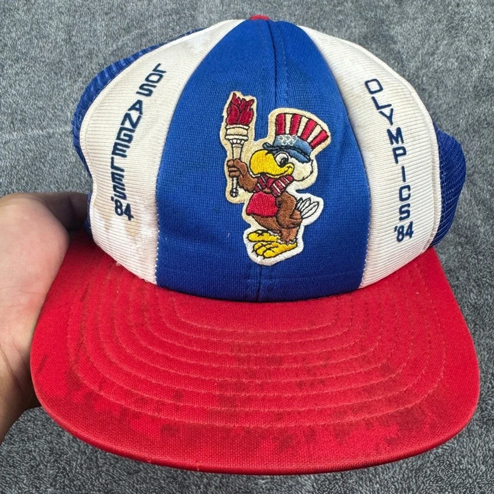Vintage 1984 Los Angeles Olympics Sam the Eagle Trucker‎ Hat Red White Blue Mesh